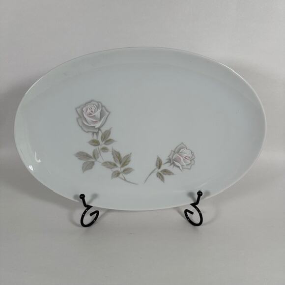 Noritake Edenrose 12.25" Oval Serving Platter Gray/Pink/White Roses VTG - Picture 3 of 12